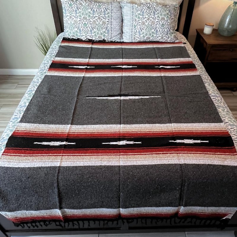 Open Road Goods Charcoal Black Mexican Yoga Blanket - Thick Diamond with Vintage Retro Serape Red Tan Brown and White Stripes - Image 4